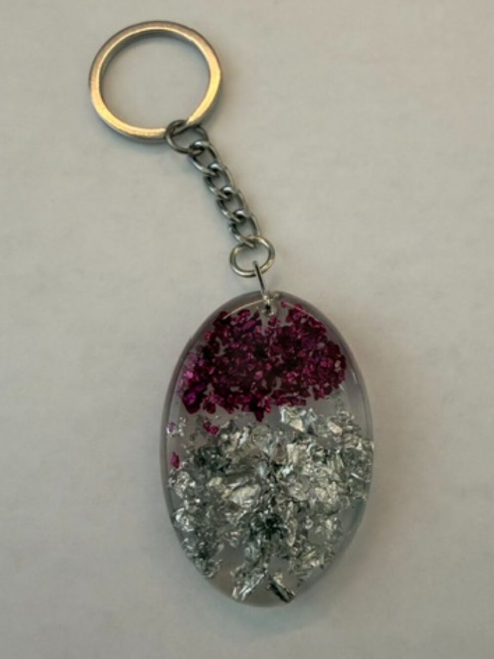 Handmade Resin Keychain – Purple & Silver